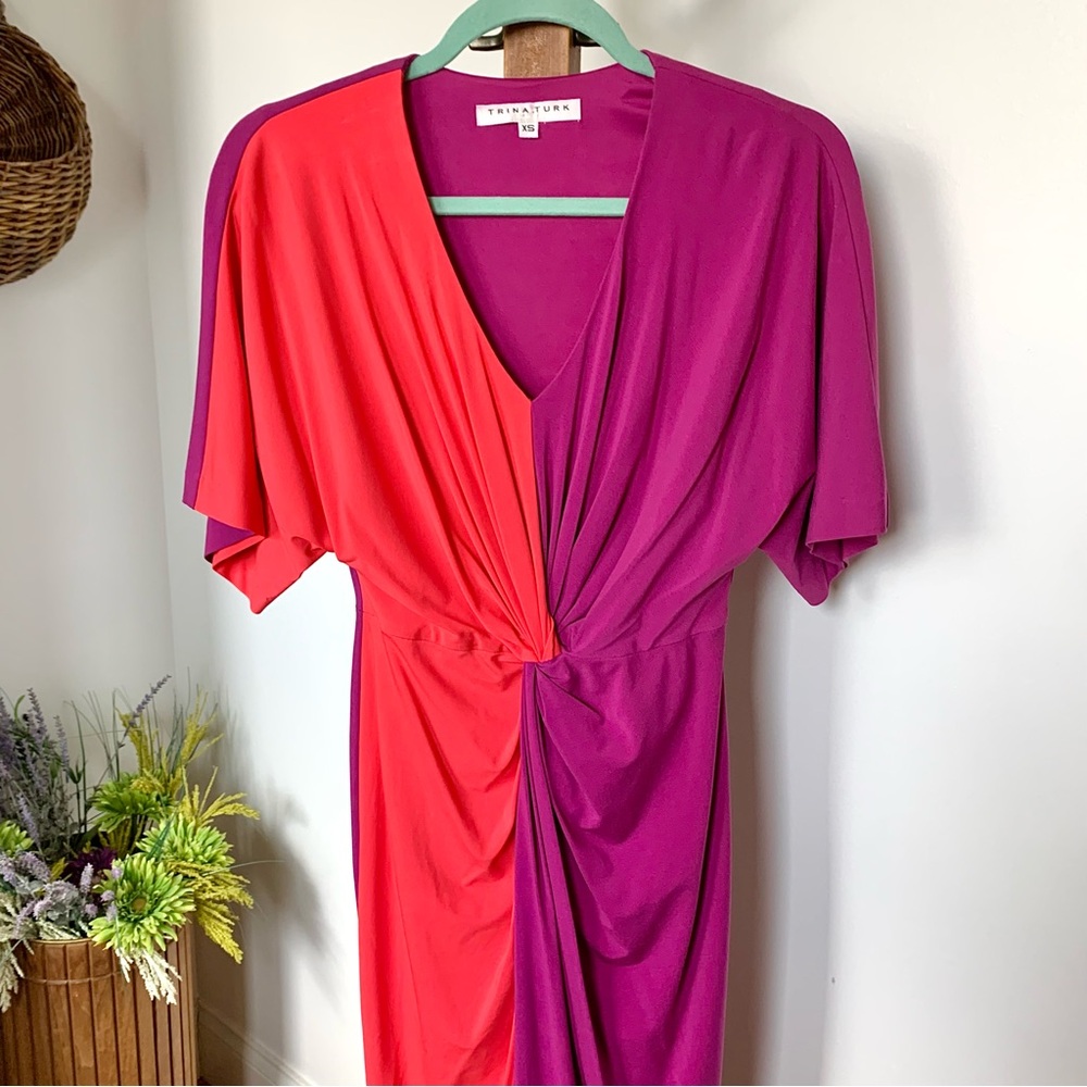 Trina Turk Etta Dress Vivid Viola Bodycon Front Twist Fluttery Dolman sleeves XS - Picture 5 of 16